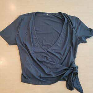 Wrap V-Neck Crop Top Navy Blue Women's Medium